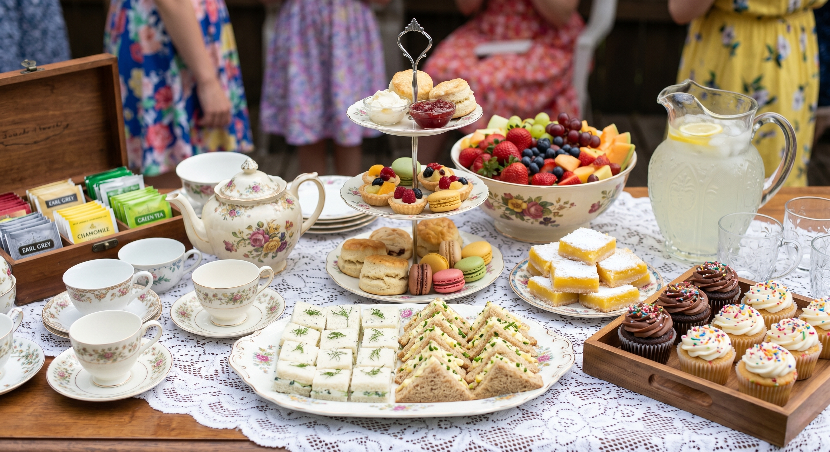Elegant tea party spread with finger sandwiches, scones, macarons, and cupcakes